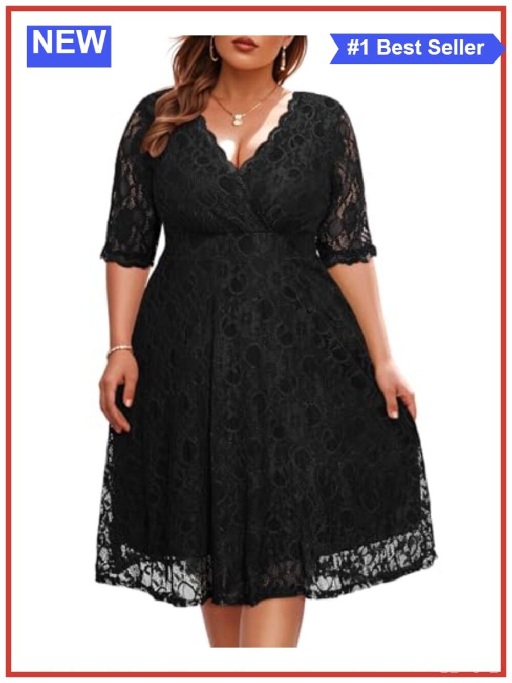 Plus Size Floral Lace Midi Dress Fit & Flare V-Neck 3/4 Sleeve Wedding Guest